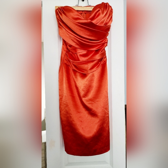 Orange Satin Strapless Mini Dress with Slit - Picture 2 of 4